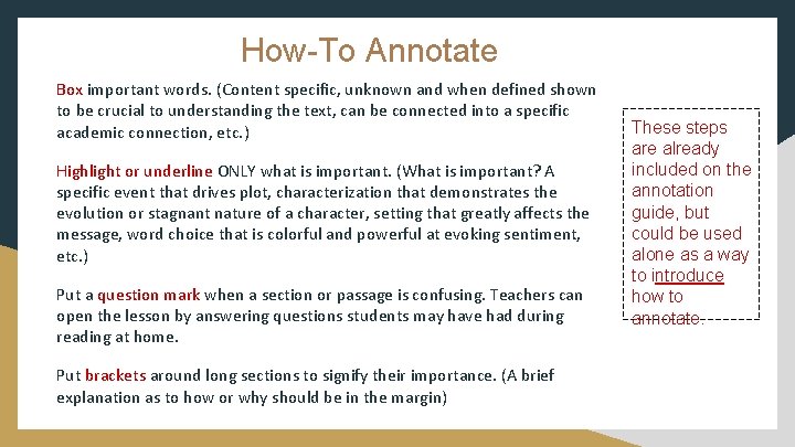 How-To Annotate Box important words. (Content specific, unknown and when defined shown to be