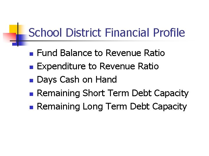 School District Financial Profile n n n Fund Balance to Revenue Ratio Expenditure to