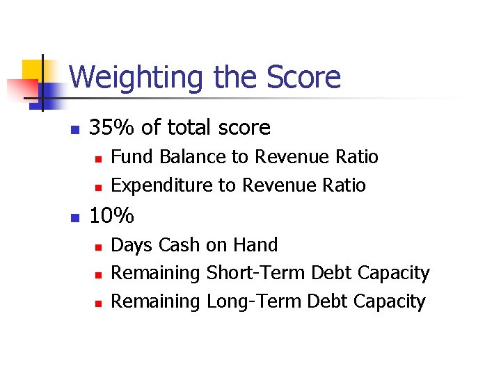 Weighting the Score n 35% of total score n n n Fund Balance to