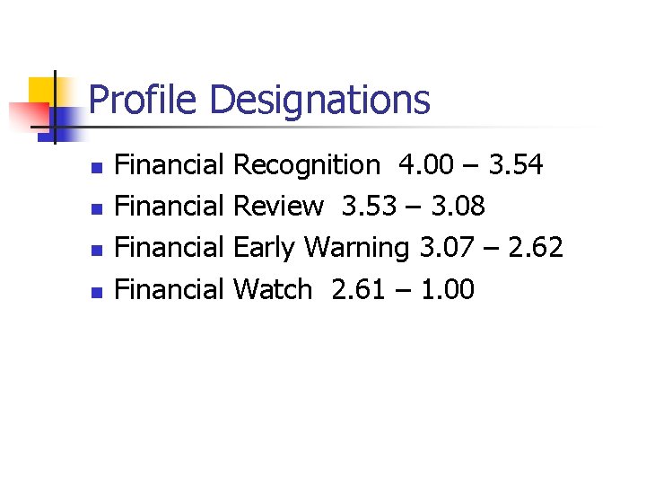 Profile Designations n n Financial Recognition 4. 00 – 3. 54 Review 3. 53