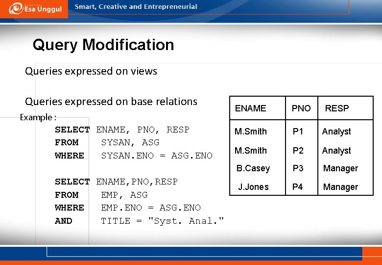 Query Modification Queries expressed on views Queries expressed on base relations Example : SELECT