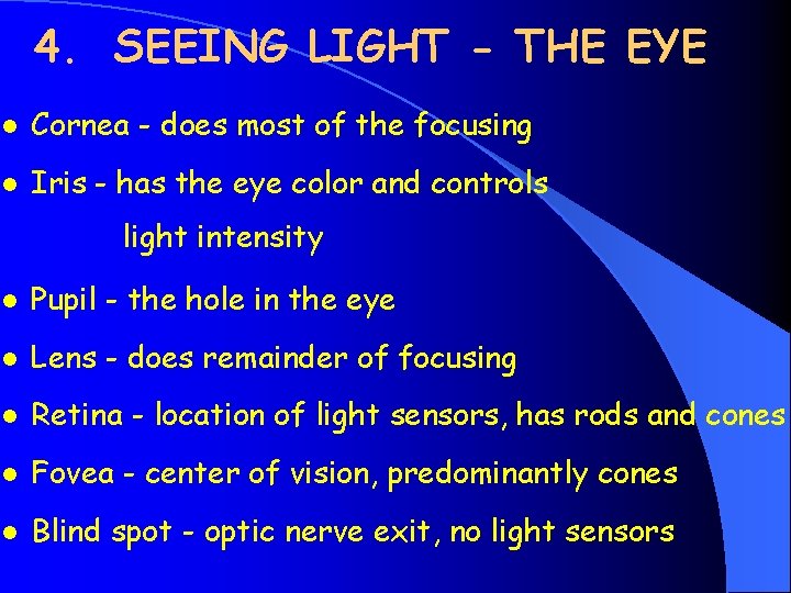 4. SEEING LIGHT - THE EYE l Cornea - does most of the focusing