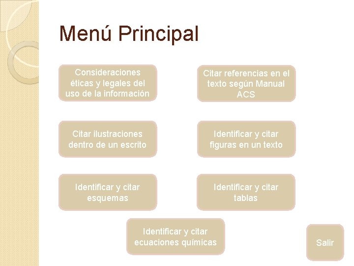 Menú Principal Consideraciones éticas y legales del uso de la información Citar referencias en