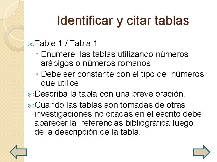 Identificar y citar tablas Table 1 / Tabla 1 ◦ Enumere las tablas utilizando