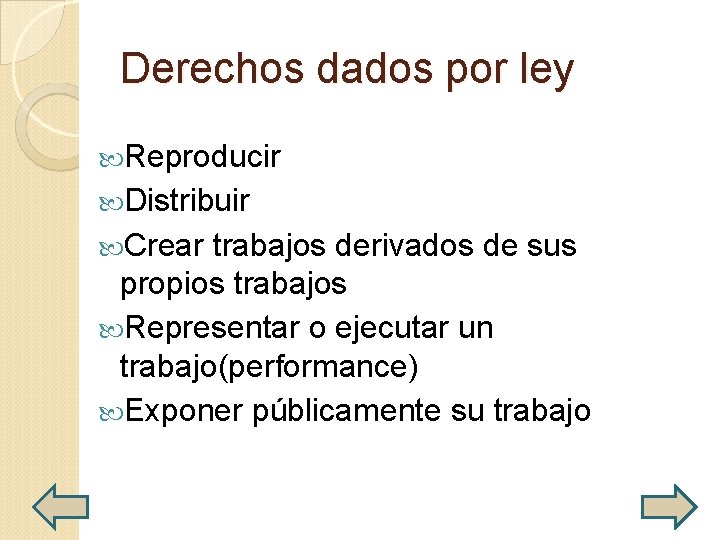 Derechos dados por ley Reproducir Distribuir Crear trabajos derivados de sus propios trabajos Representar