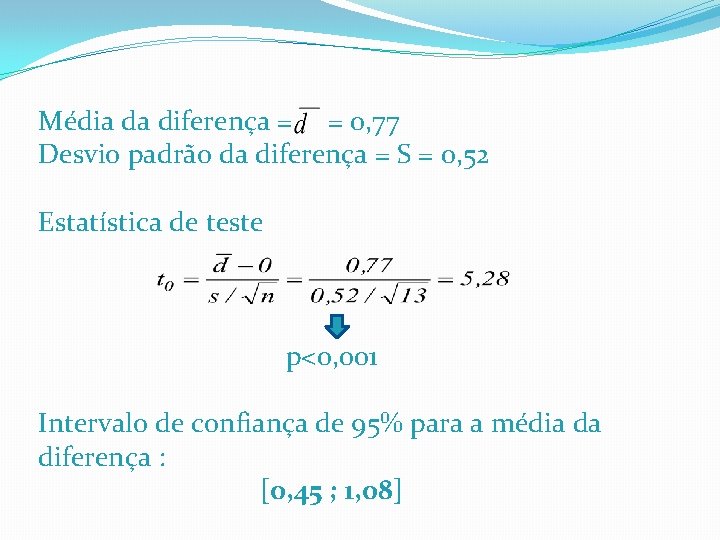 Média da diferença = = 0, 77 Desvio padrão da diferença = S =