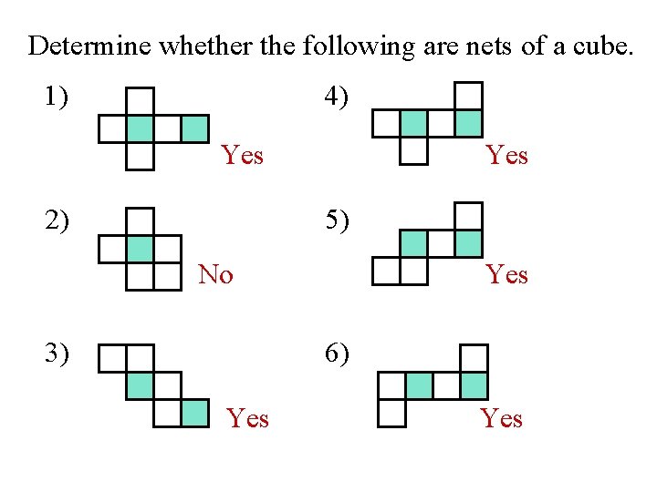 Determine whether the following are nets of a cube. 1) 4) Yes 2) 5)