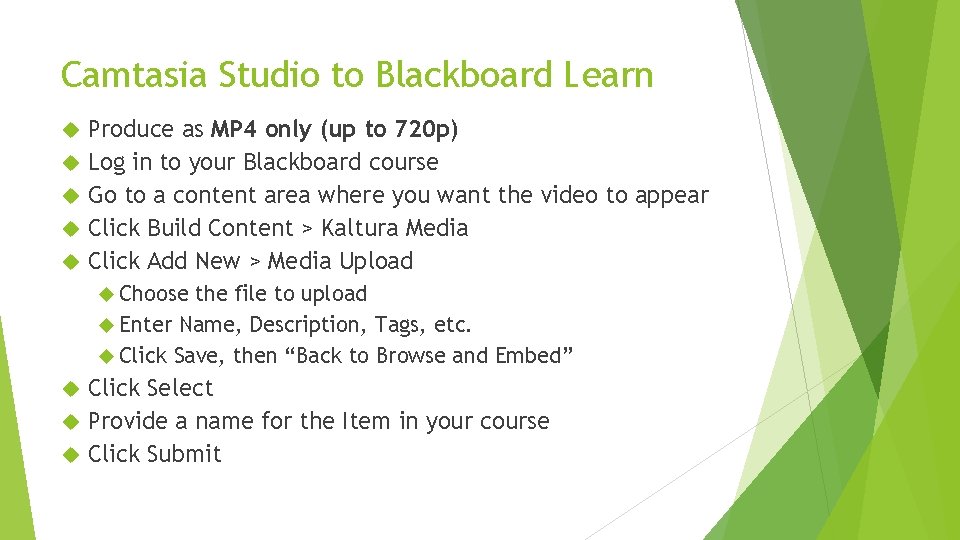 Camtasia Studio to Blackboard Learn Produce as MP 4 only (up to 720 p)