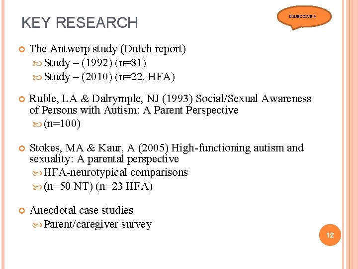 KEY RESEARCH OBJECTIVE 4 The Antwerp study (Dutch report) Study – (1992) (n=81) Study