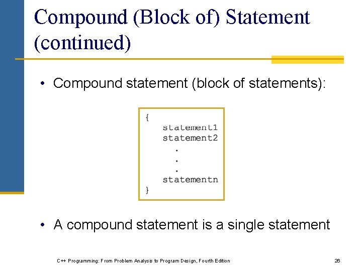 Compound (Block of) Statement (continued) • Compound statement (block of statements): • A compound Compound (Block of) Statement (continued) • Compound statement (block of statements): • A compound