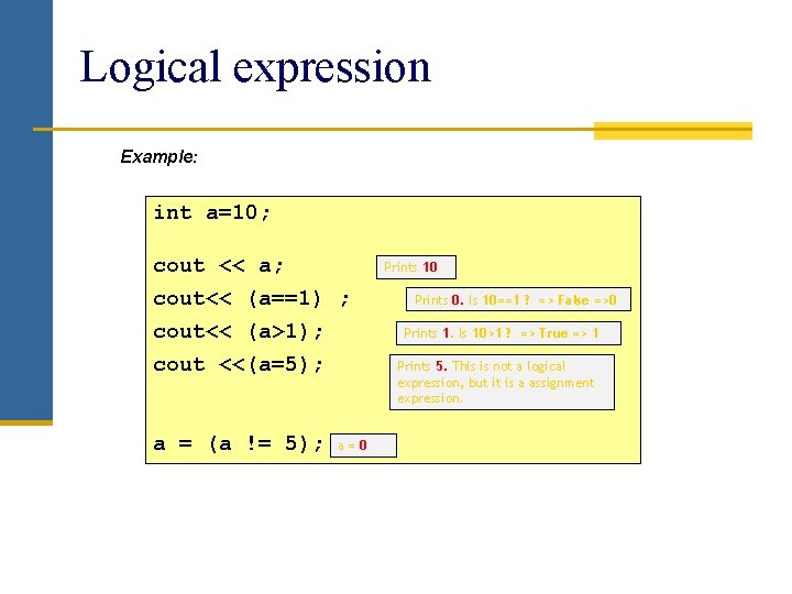 Logical expression Example: int a=10; cout << a; cout<< (a==1) ; cout<< (a>1); cout Logical expression Example: int a=10; cout << a; cout<< (a==1) ; cout<< (a>1); cout