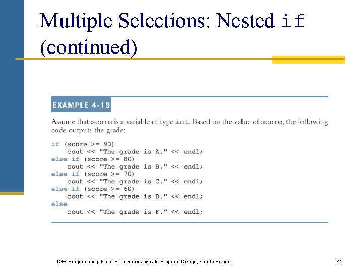 Multiple Selections: Nested if (continued) C++ Programming: From Problem Analysis to Program Design, Fourth Multiple Selections: Nested if (continued) C++ Programming: From Problem Analysis to Program Design, Fourth