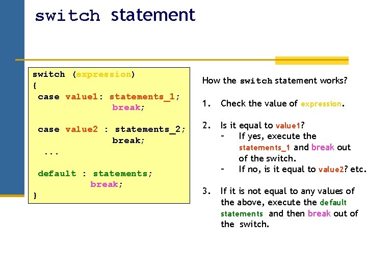 switch statement switch (expression) { case value 1: statements_1; break; case value 2 : switch statement switch (expression) { case value 1: statements_1; break; case value 2 :