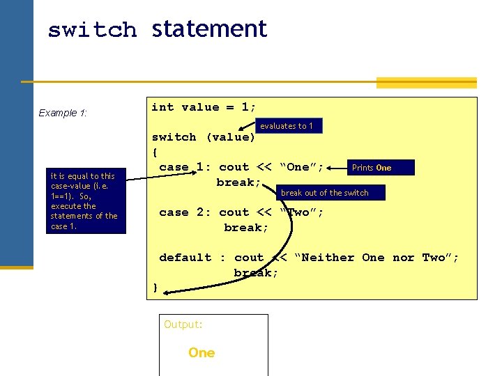 switch statement Example 1: int value = 1; evaluates to 1 it is equal switch statement Example 1: int value = 1; evaluates to 1 it is equal