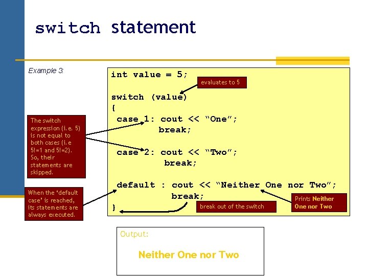 switch statement Example 3: The switch expression (i. e. 5) is not equal to switch statement Example 3: The switch expression (i. e. 5) is not equal to