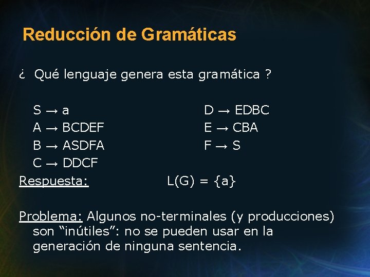 Reducción de Gramáticas ¿ Qué lenguaje genera esta gramática ? S→a A → BCDEF