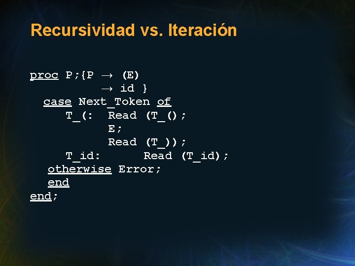 Recursividad vs. Iteración proc P; {P → (E) → id } case Next_Token of