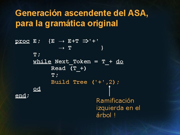 Generación ascendente del ASA, para la gramática original proc E; {E → E+T '+'