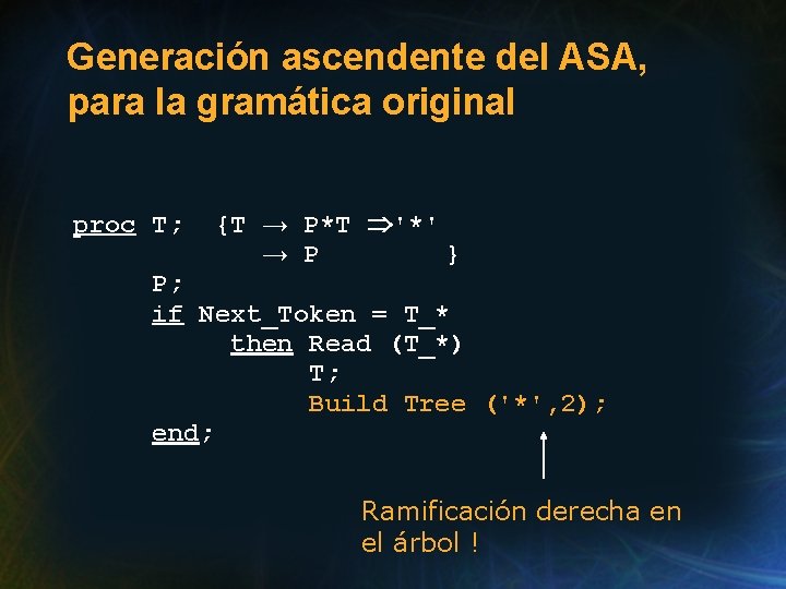 Generación ascendente del ASA, para la gramática original proc T; {T → P*T '*'