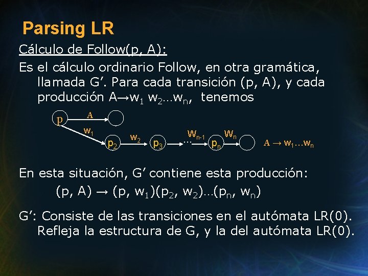 Parsing LR Cálculo de Follow(p, A): Es el cálculo ordinario Follow, en otra gramática,