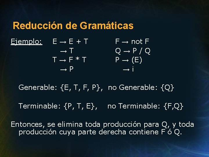Reducción de Gramáticas Ejemplo: E→E+T →T T→F*T →P F → not F Q→P/Q P