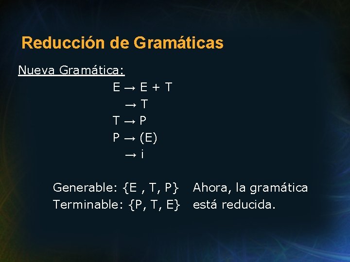 Reducción de Gramáticas Nueva Gramática: E→E+T →T T→P P → (E) →i Generable: {E