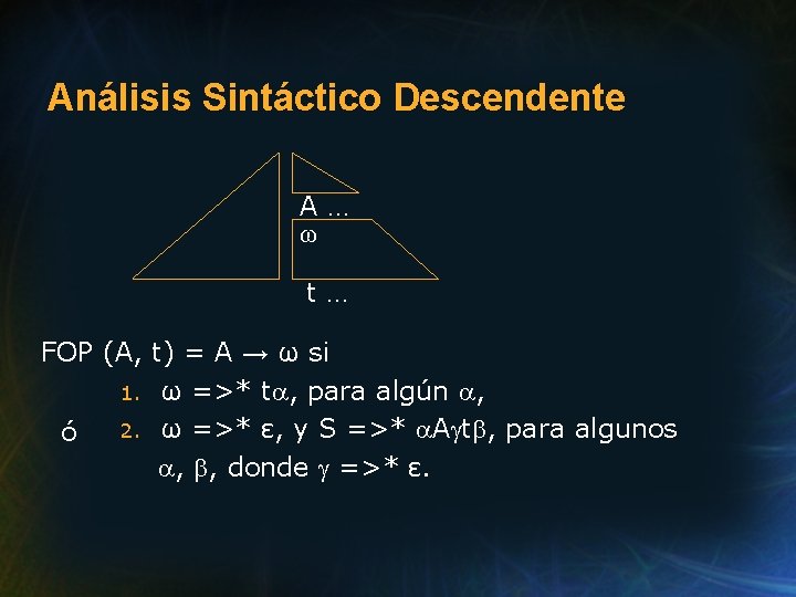 Análisis Sintáctico Descendente A… ω t… FOP (A, t) = A → ω si
