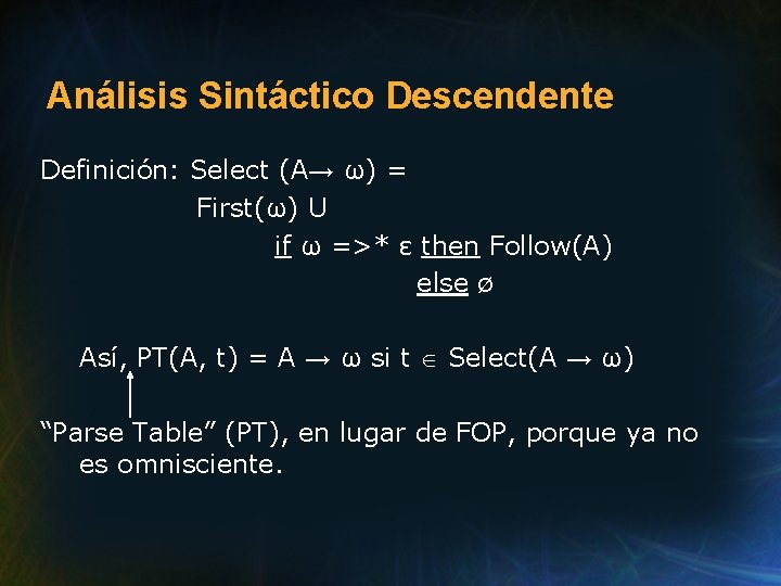 Análisis Sintáctico Descendente Definición: Select (A→ ω) = First(ω) U if ω =>* ε