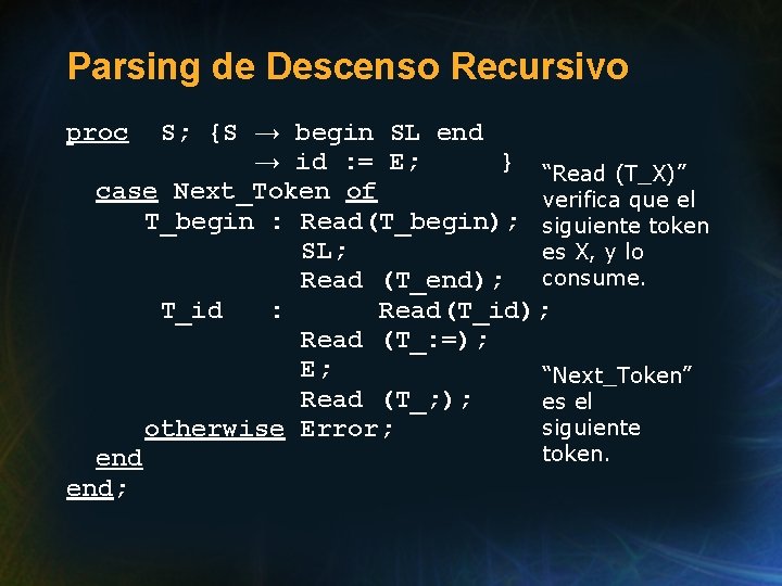 Parsing de Descenso Recursivo S; {S → begin SL end → id : =