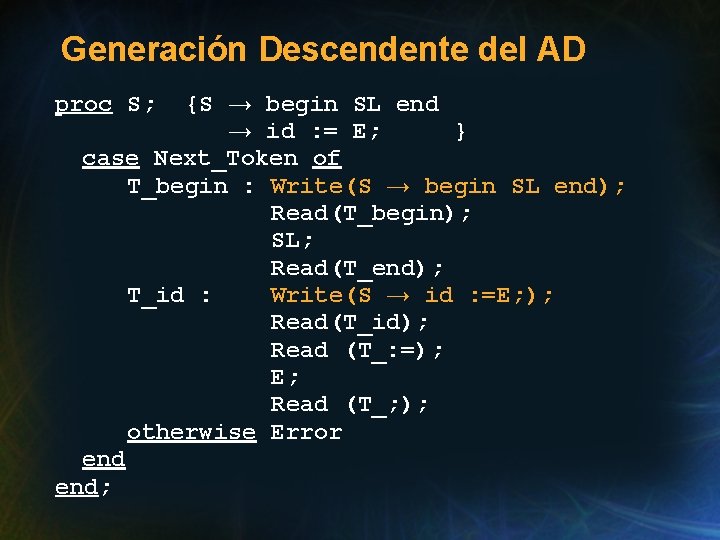 Generación Descendente del AD {S → begin SL end → id : = E;