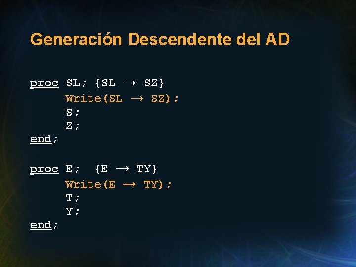 Generación Descendente del AD proc SL; {SL → SZ} Write(SL → SZ); S; Z;