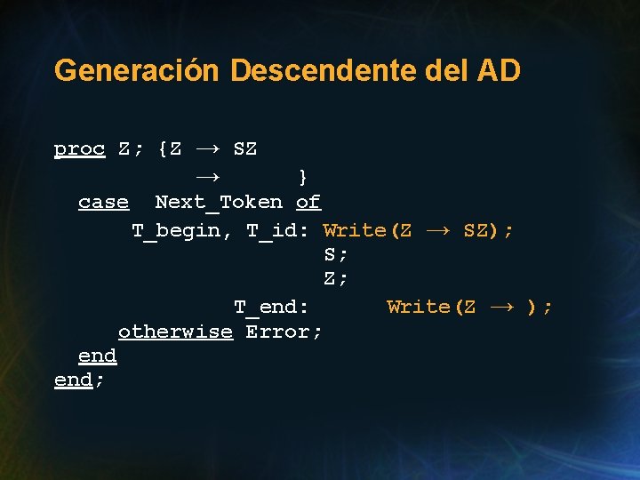 Generación Descendente del AD proc Z; {Z → SZ → } case Next_Token of