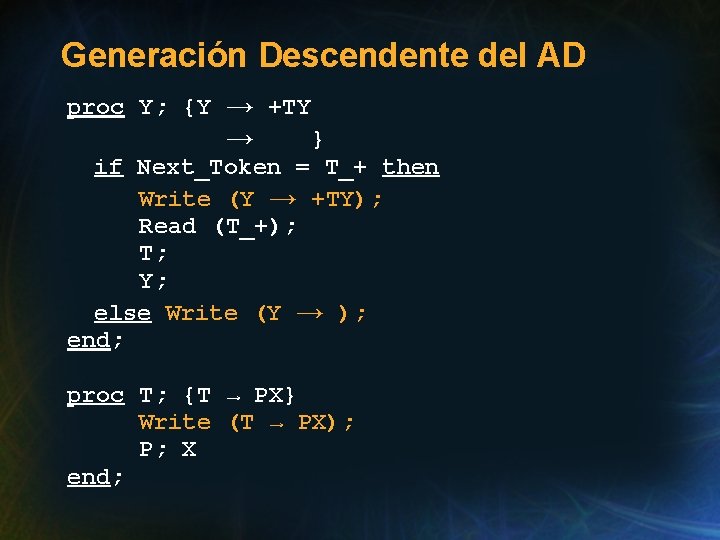 Generación Descendente del AD proc Y; {Y → +TY → } if Next_Token =