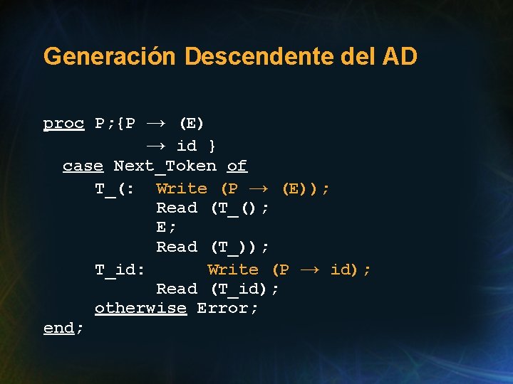 Generación Descendente del AD proc P; {P → (E) → id } case Next_Token