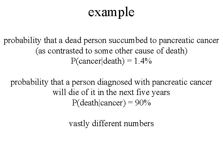 example probability that a dead person succumbed to pancreatic cancer (as contrasted to some