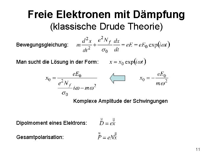 Freie Elektronen mit Dämpfung (klassische Drude Theorie) Bewegungsgleichung: Man sucht die Lösung in der