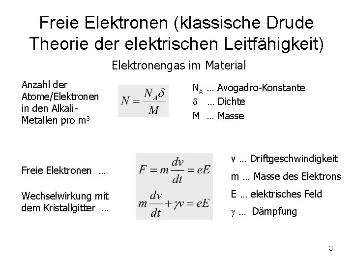 Freie Elektronen (klassische Drude Theorie der elektrischen Leitfähigkeit) Elektronengas im Material Anzahl der Atome/Elektronen