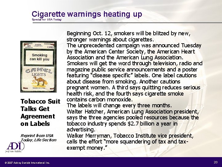 Cigarette warnings heating up Special for USA Today Tobacco Suit Talks Get Agreement on