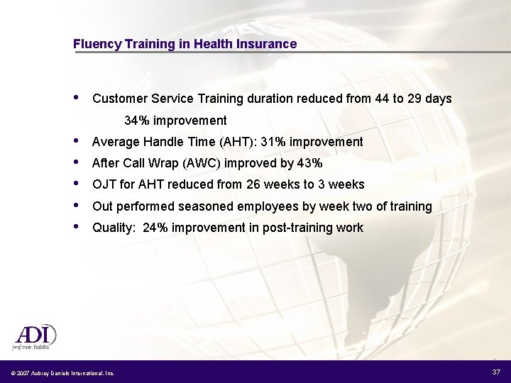 Fluency Training in Health Insurance • Customer Service Training duration reduced from 44 to