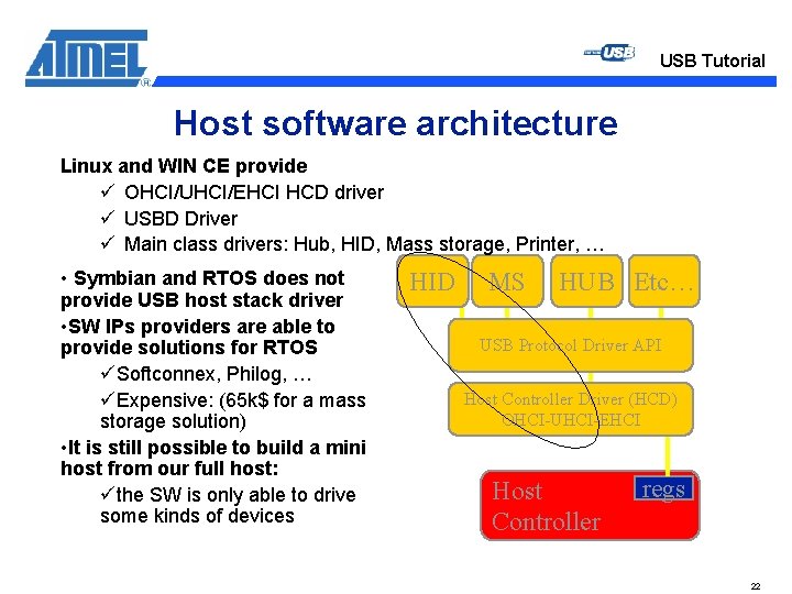 USB Tutorial Host software architecture Linux and WIN CE provide ü OHCI/UHCI/EHCI HCD driver