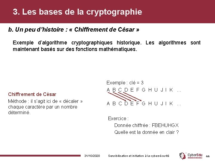 3. Les bases de la cryptographie b. Un peu d’histoire : « Chiffrement de