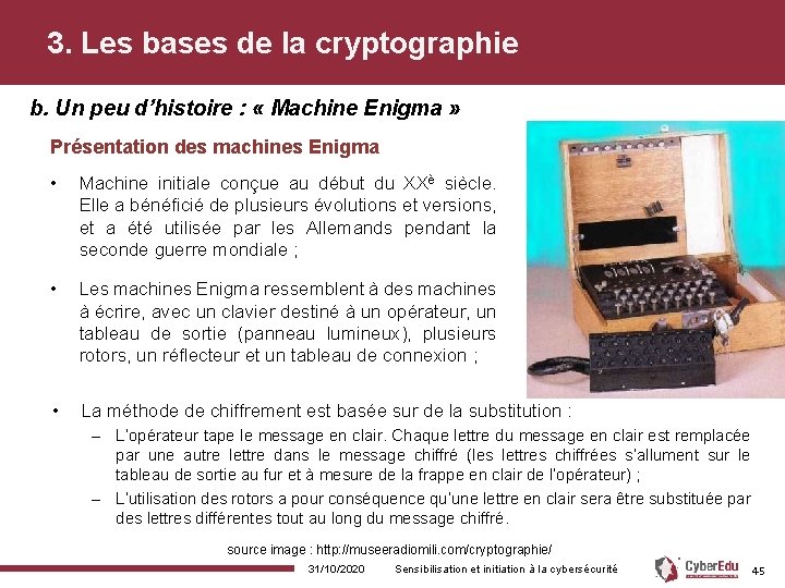 3. Les bases de la cryptographie b. Un peu d’histoire : « Machine Enigma