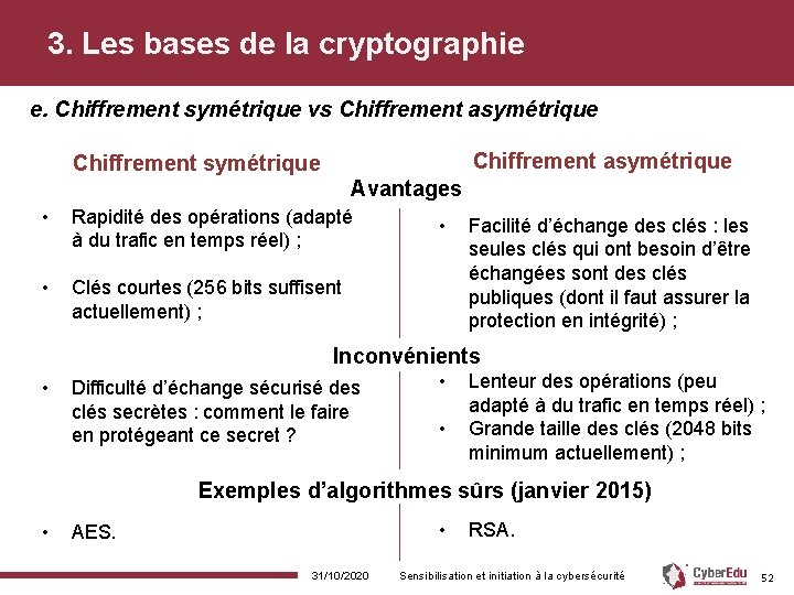 3. Les bases de la cryptographie e. Chiffrement symétrique vs Chiffrement asymétrique Chiffrement symétrique