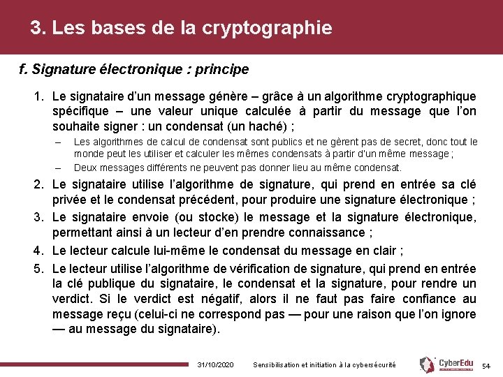 3. Les bases de la cryptographie f. Signature électronique : principe 1. Le signataire