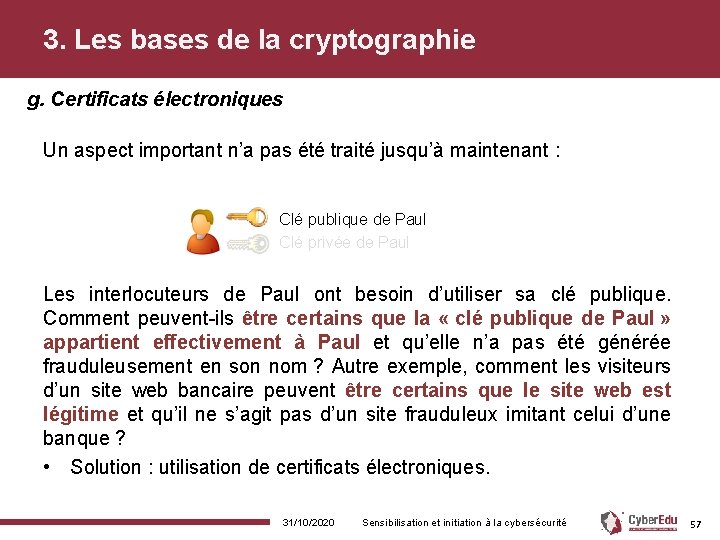 3. Les bases de la cryptographie g. Certificats électroniques Un aspect important n’a pas