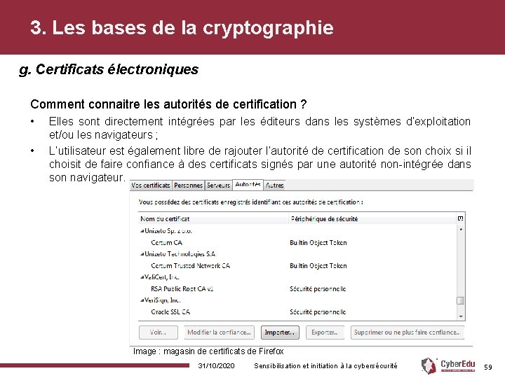 3. Les bases de la cryptographie g. Certificats électroniques Comment connaitre les autorités de