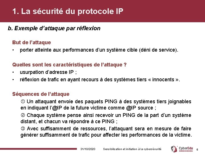 1. La sécurité du protocole IP b. Exemple d’attaque par réflexion But de l’attaque