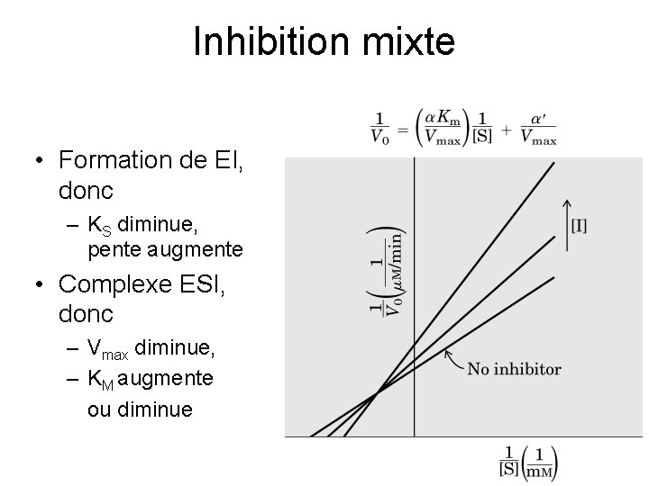 Inhibition mixte • Formation de EI, donc – KS diminue, pente augmente • Complexe