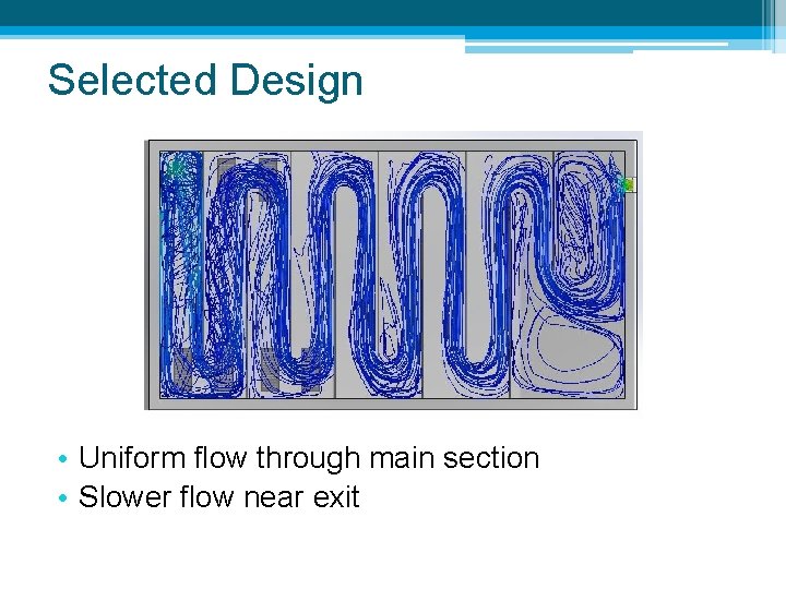 Selected Design • Uniform flow through main section • Slower flow near exit 