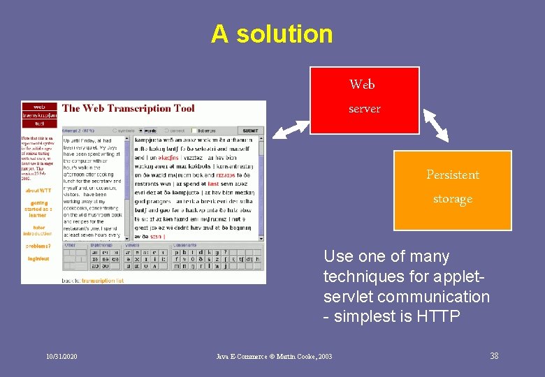 A solution Web server Persistent storage Use one of many techniques for appletservlet communication A solution Web server Persistent storage Use one of many techniques for appletservlet communication